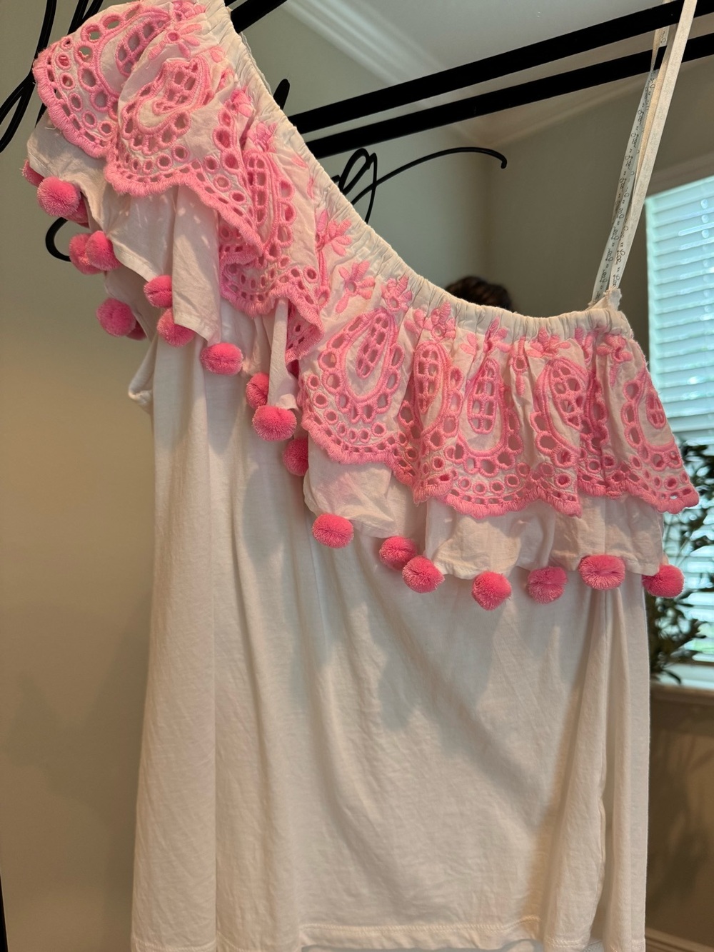 Lilly Pulitzer White Off-Shoulder Top with Pink Embroidered Ruffle